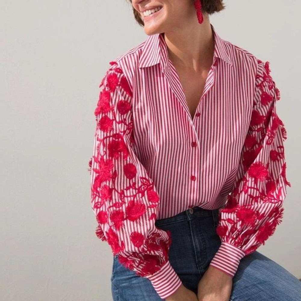Chicos Red White Striped Floral Embroidered Button Down Shirt Size 2.5 US 14